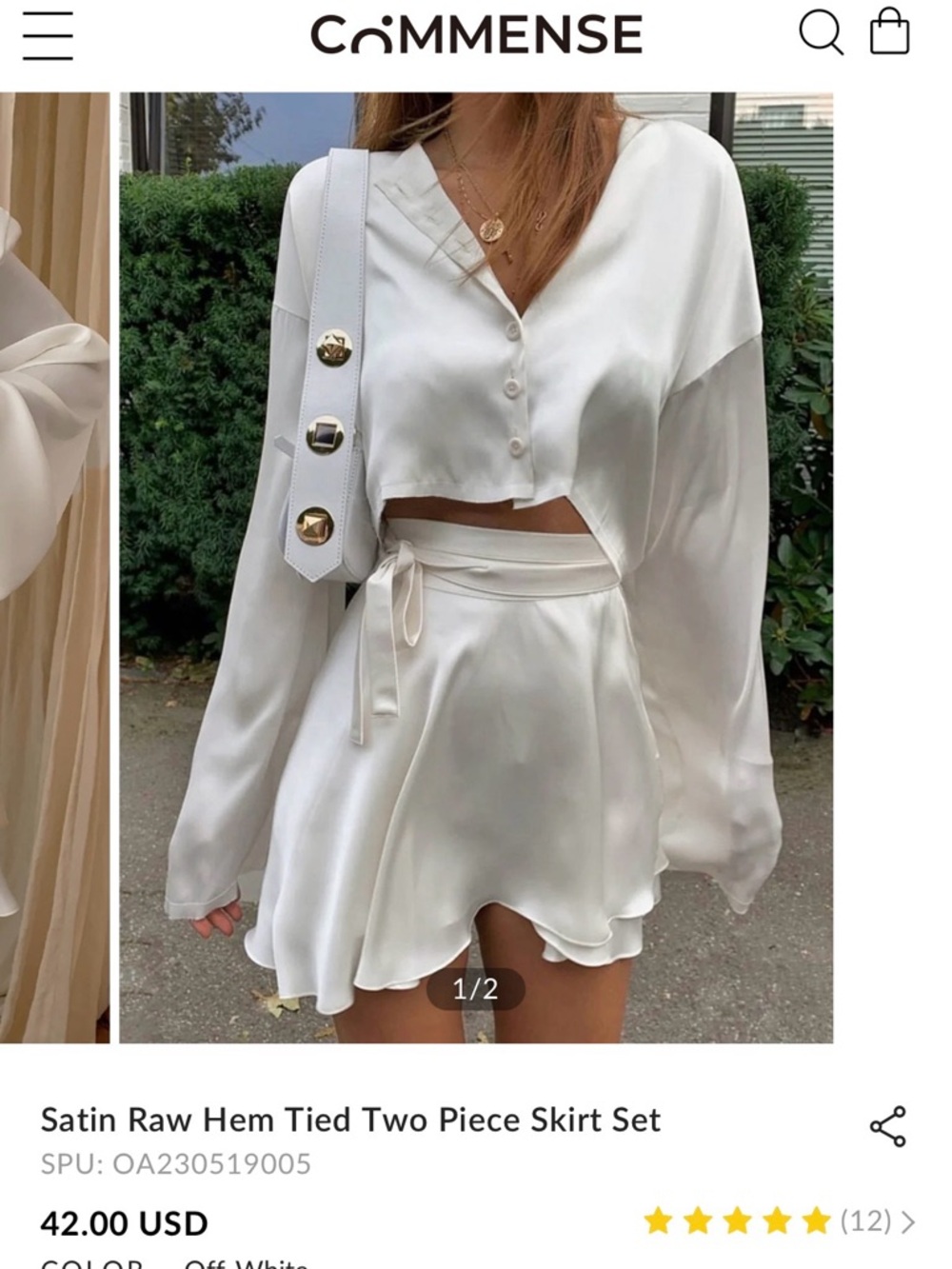 COMMENSE XL White Satin Two-Piece Set - Cropped Button Top & Wrap Skirt